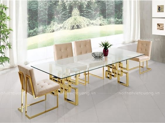 Bộ bàn ăn 4 ghế chân inox hộp mạ vàng mặt bàn kính - NỘI THẤT VIỆT ...