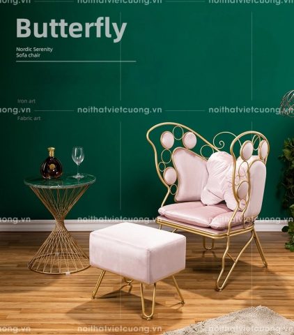 Bộ bàn ghế sofa khung chân sắt cánh bướm mạ vàng PVD cao cấp