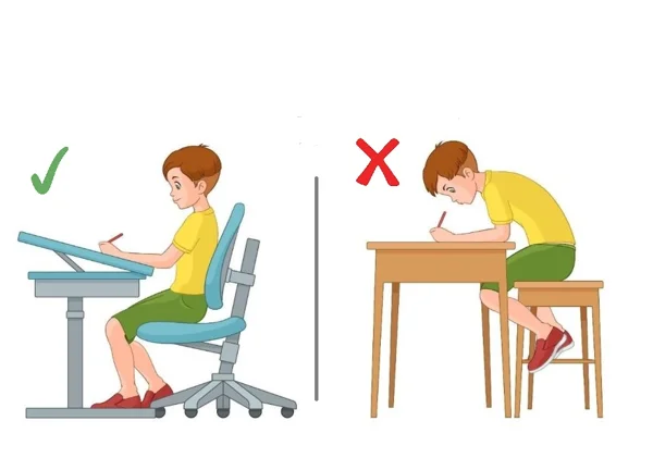 Ngồi học không đúng tư thế có thể gây nên những ảnh hưởng tiêu cực lên bé