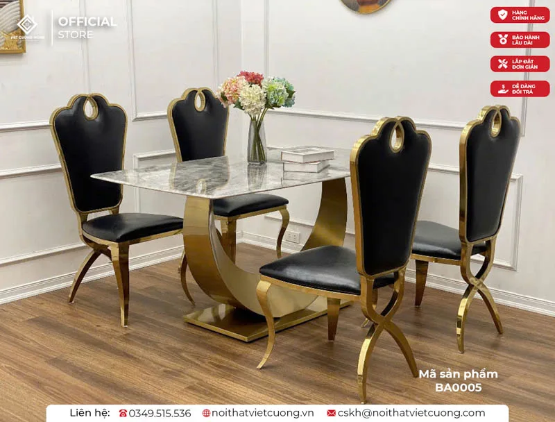 Bộ bàn ghế ăn inox mạ PVD màu vàng gold