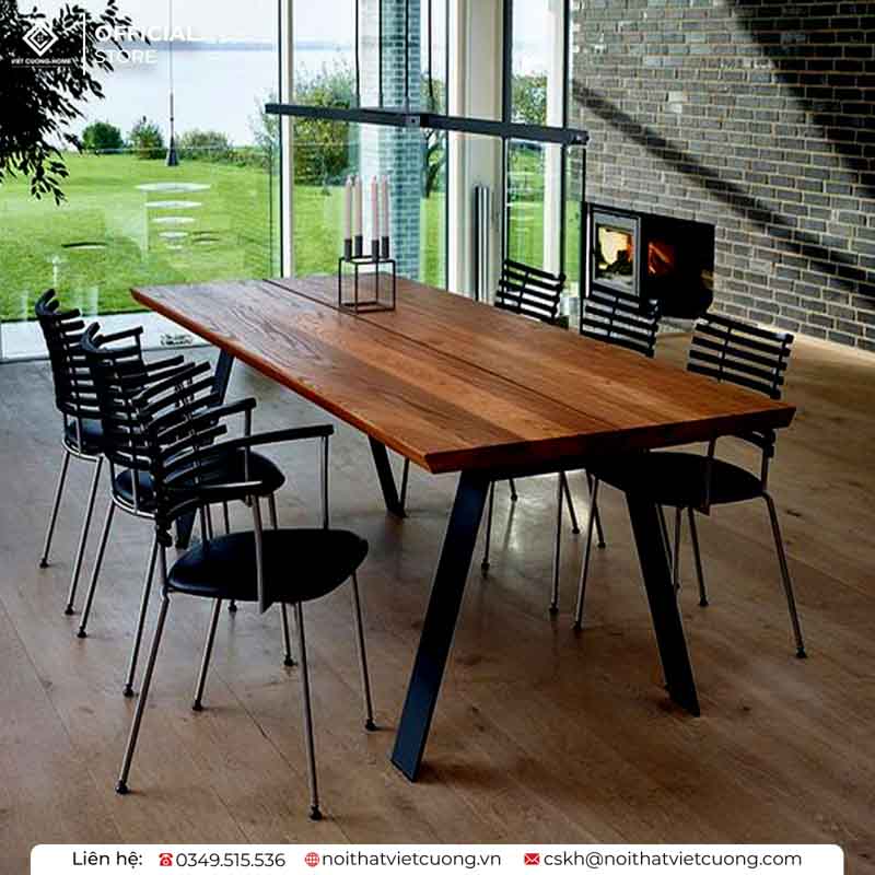 Mẫu bần ăn 6 ghế với mặt gỗ và khung chân sắt