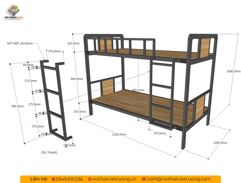 Kích thước của giường tầng sắt 2 tầng GTS01
