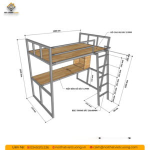 Kích thước mẫu giường tầng sắt có bàn học GTSB01