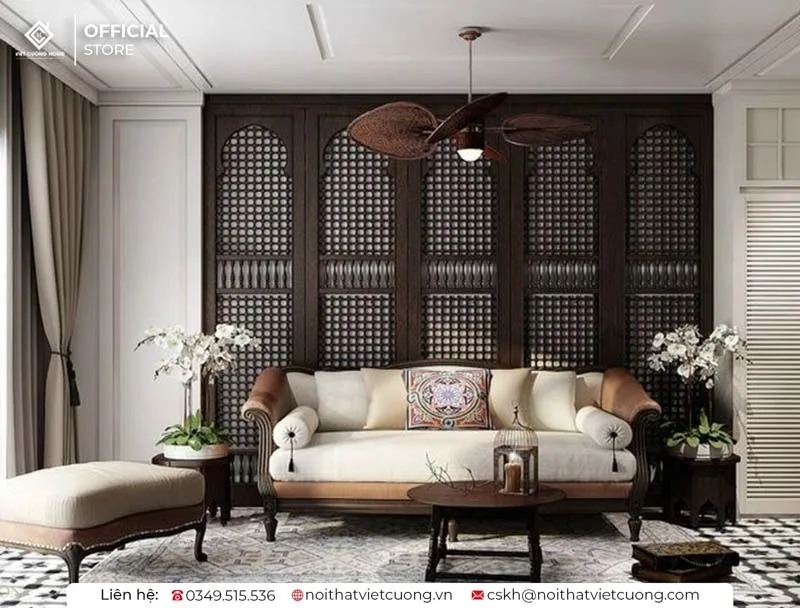 Gợi ý thiết kế phòng khách phong cách Indochine cho phòng khách rộng